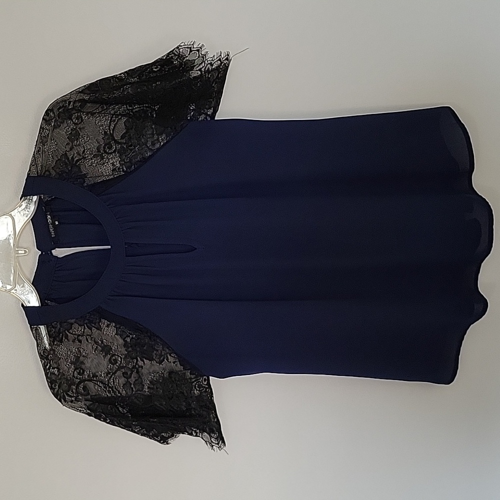 Papermoon Navy Top with Black Lace Sleeves, Size Medium